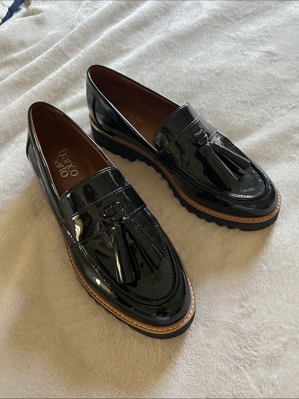Franco Sarto Black Patent Tassel Penny Loafers